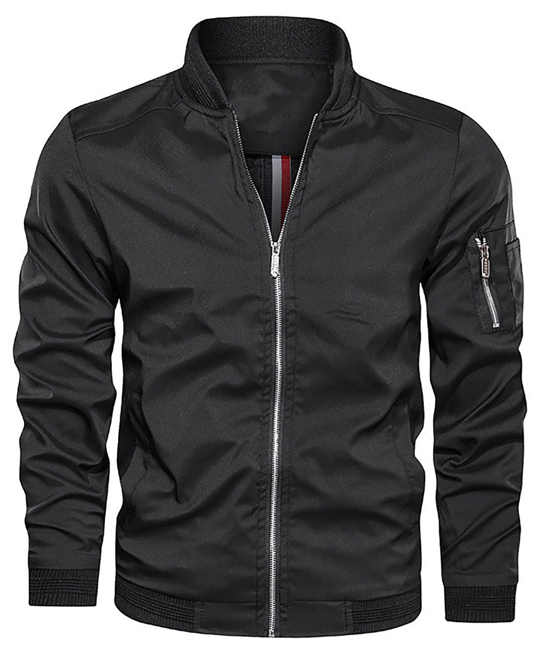 Elegant men's bomber jacket, a classic design with an eye-catching sleeve zip pocket. Streetwear.