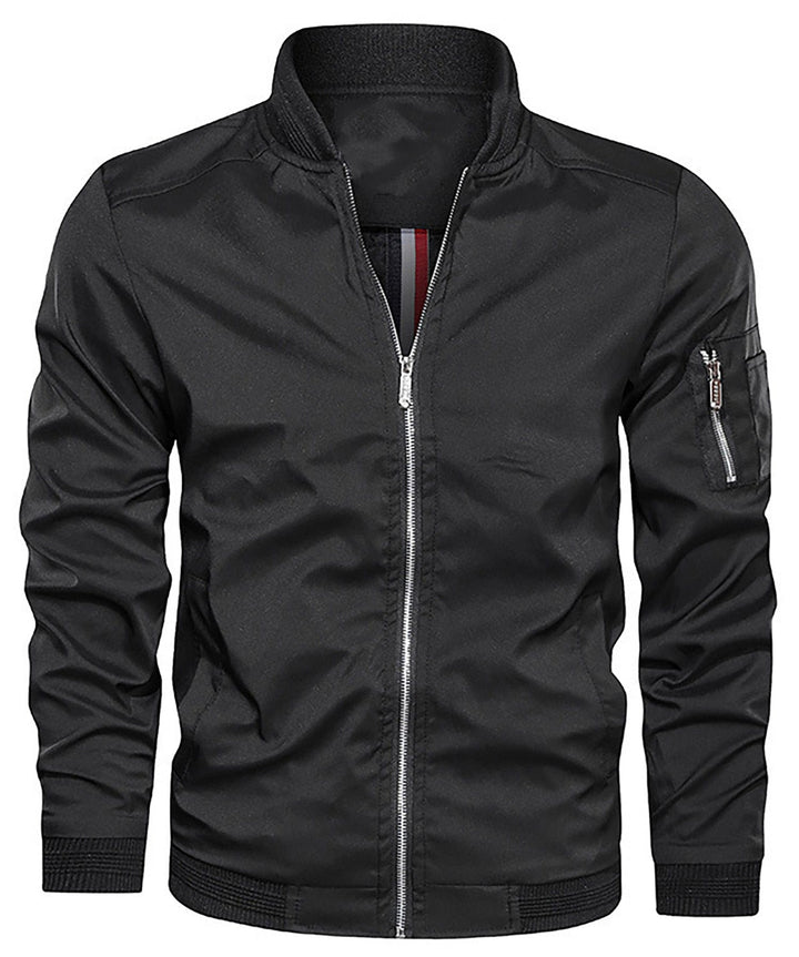 Elegant men's bomber jacket, a classic design with an eye-catching sleeve zip pocket. Streetwear.