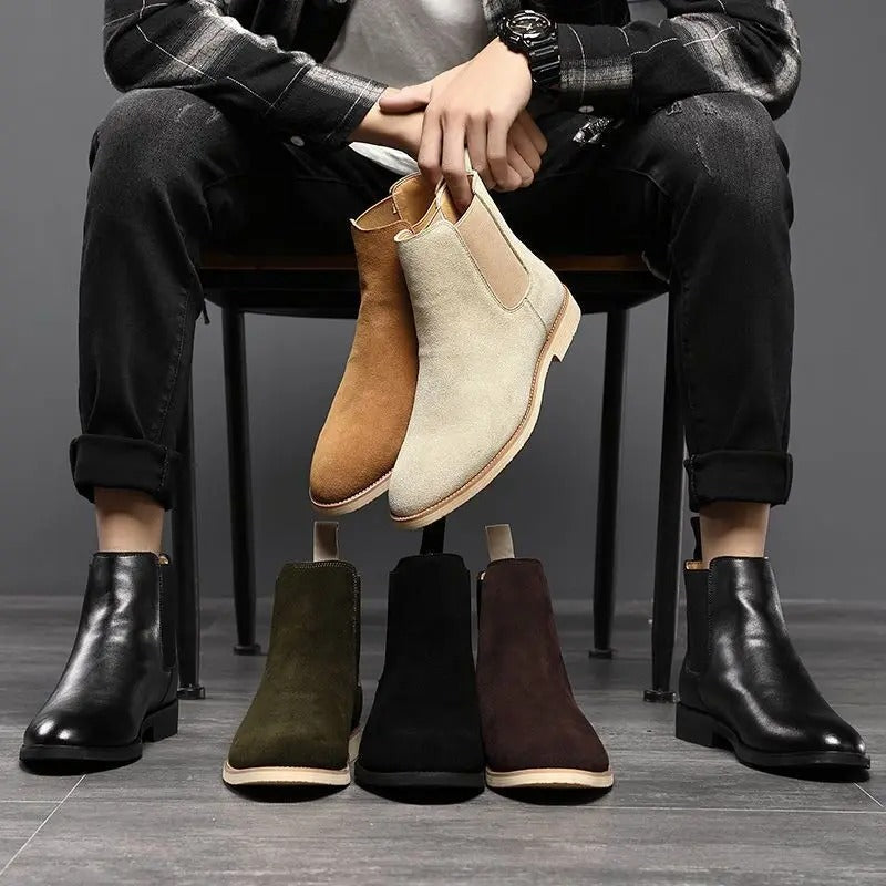 Sleek men's ankle-high Chelsea boots, featuring elastic gussets for a comfortable, classic slip-on fit.