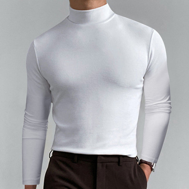 Man styled in a versatile men's turtleneck sweater, showing its adaptability for any occasion.