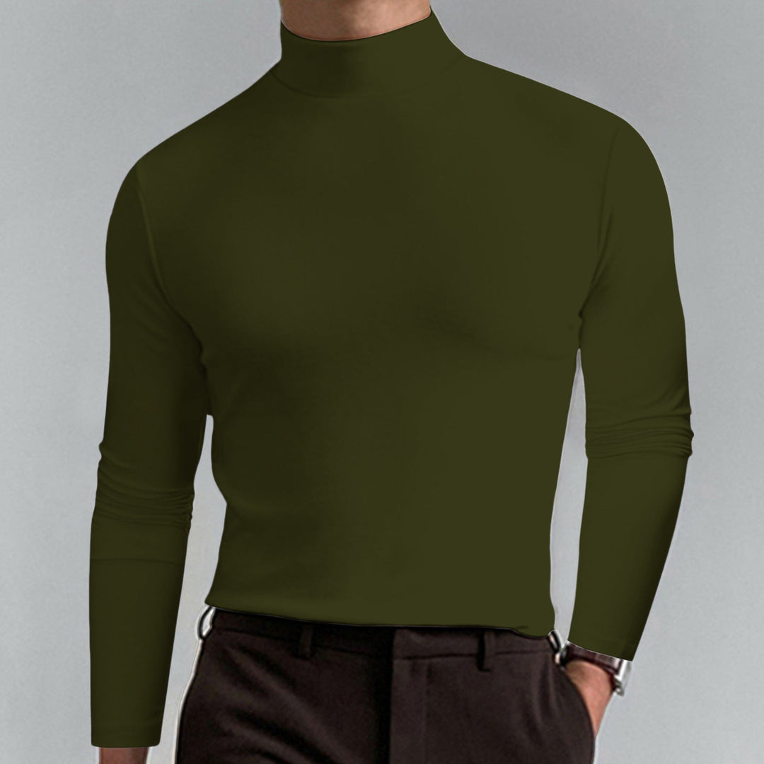 Navy blue men's turtleneck sweater. Versatile long sleeve knit top, perfect for smart casual winter fashion.