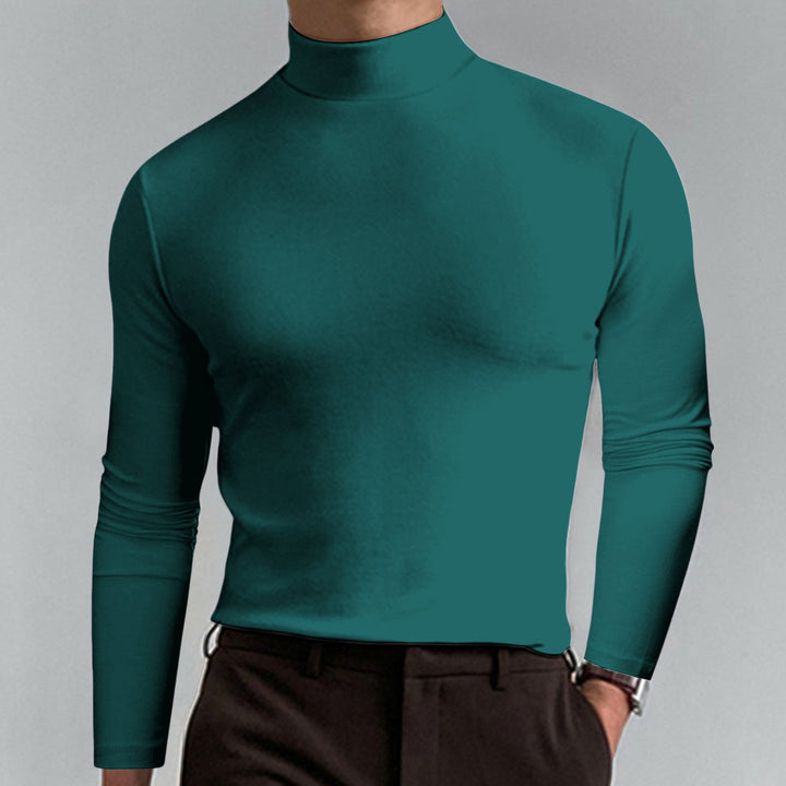 Stylish men's slim-fit turtleneck sweater in grey, ideal for casual or elegant winter outfits.