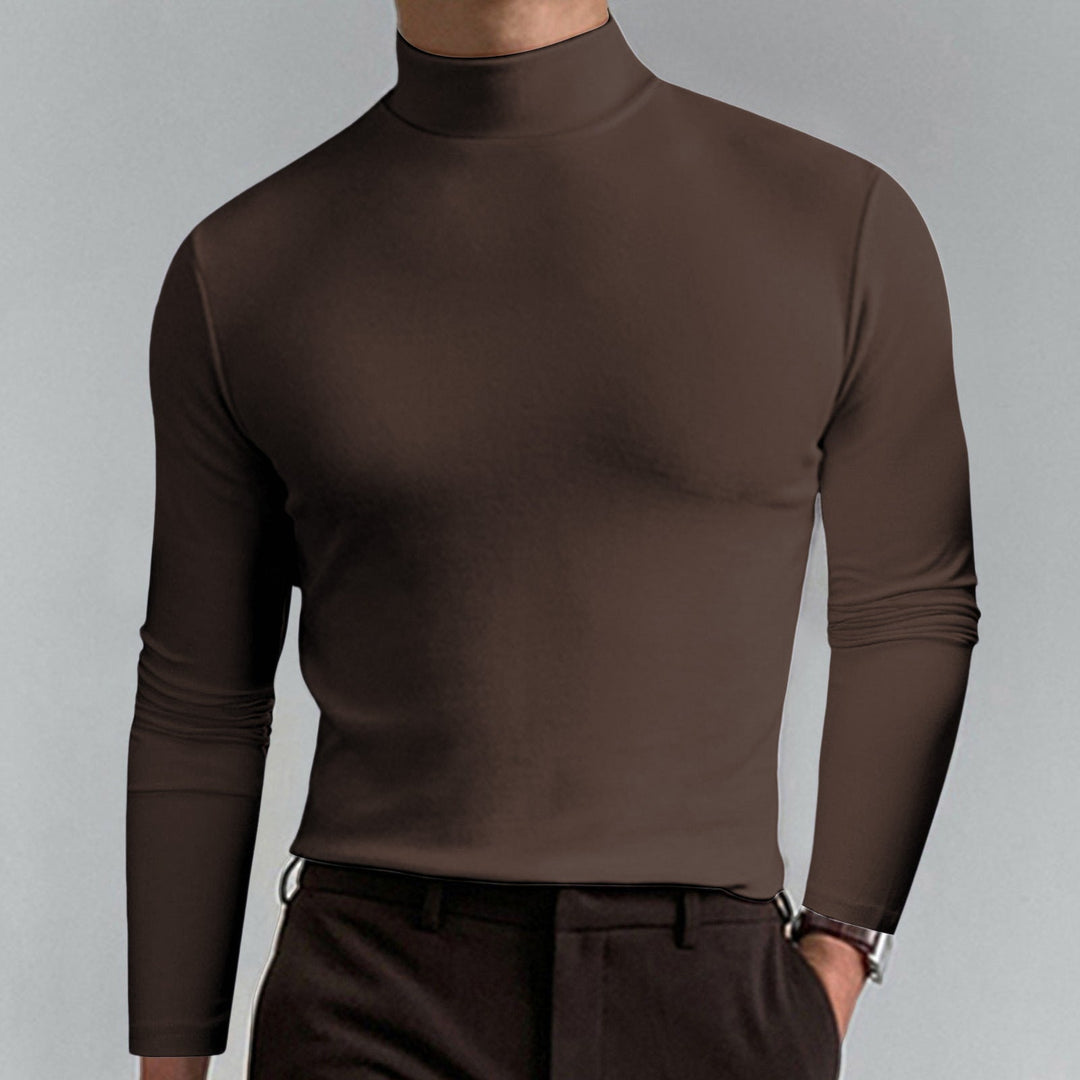 Ribbed collar detail on a men's classic knit turtleneck sweater, highlighting its quality design.