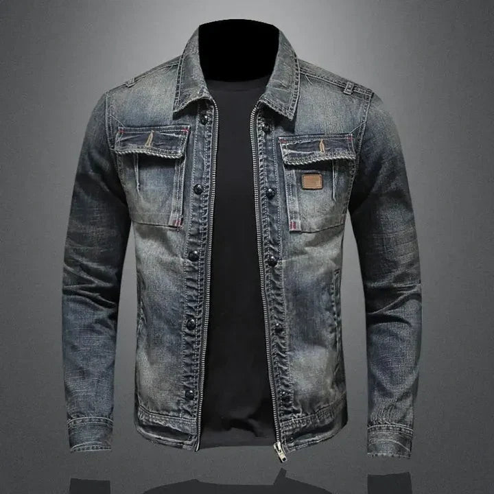 Men's classic blue denim jacket, stylish & versatile outerwear for casual everyday wear.