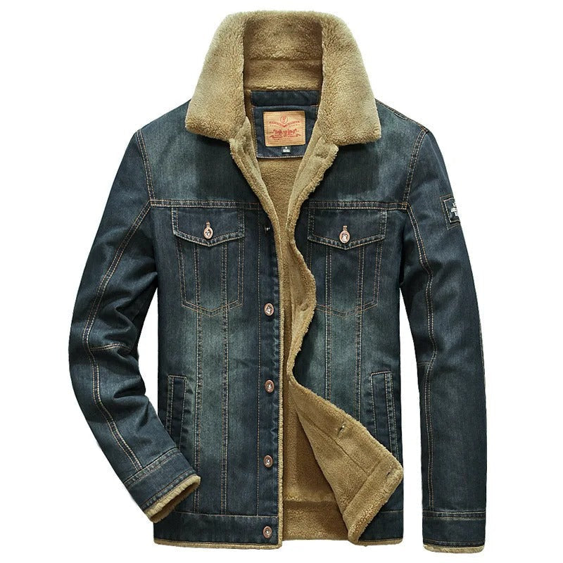 Men's classic blue trucker jacket with warm sherpa collar, perfect for fall and winter casual outerwear.