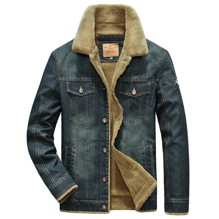 Men's classic blue trucker jacket with warm sherpa collar, perfect for fall and winter casual outerwear.