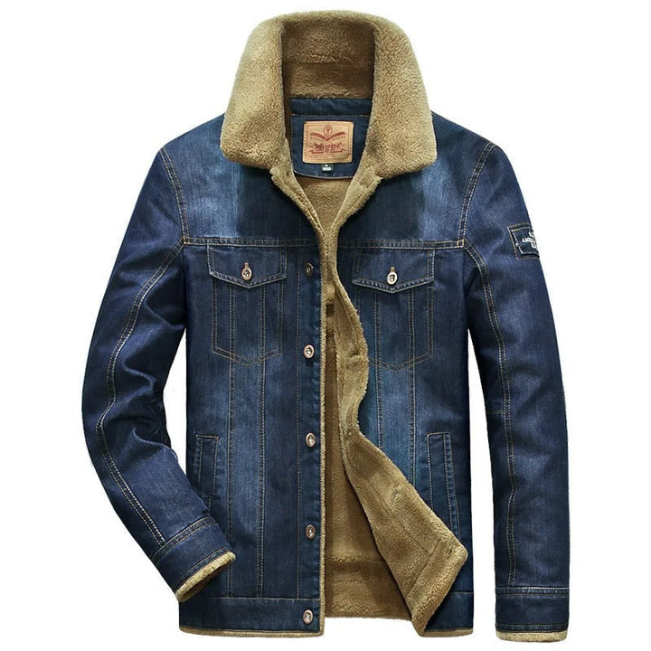 Stylish men's rugged denim trucker jacket with soft sherpa collar, button-down front & long sleeves.