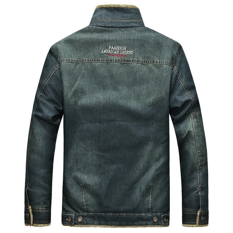 Warm men's sherpa trucker jacket for winter & fall. Classic blue outerwear for a rugged, stylish look.