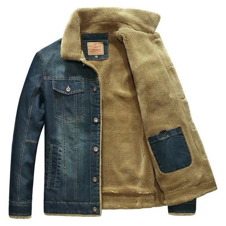 Classic men's blue trucker jacket with a cozy sherpa collar. Ideal fall/winter outerwear for men's fashion.