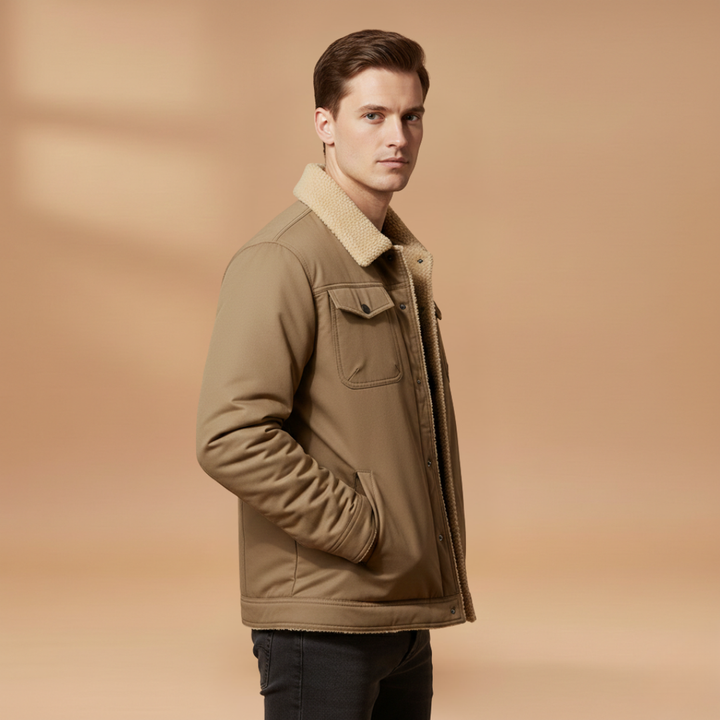 Classic men's zip-up bomber jacket in a sleek design, featuring a ribbed collar and secure, functional pockets.