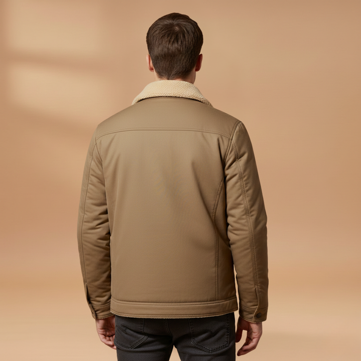 Fashionable men's bomber jacket showcasing classic style, ribbed collar, and functional zip-up front with pockets.