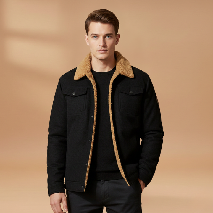Durable men's casual bomber jacket with a classic ribbed collar and multiple secure pockets for essential items.