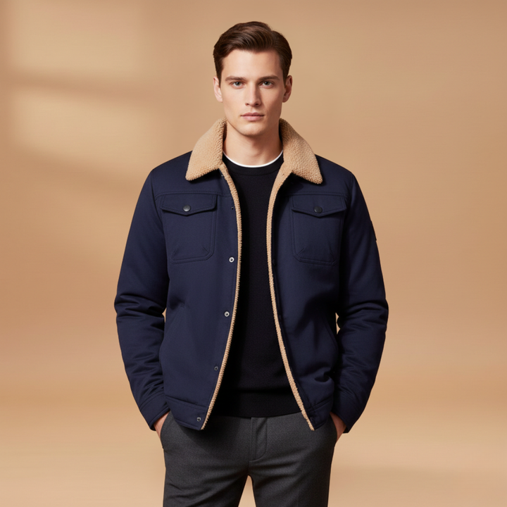 Sophisticated men's bomber jacket, a staple for men's fashion. Ribbed collar and secure zippered pockets.