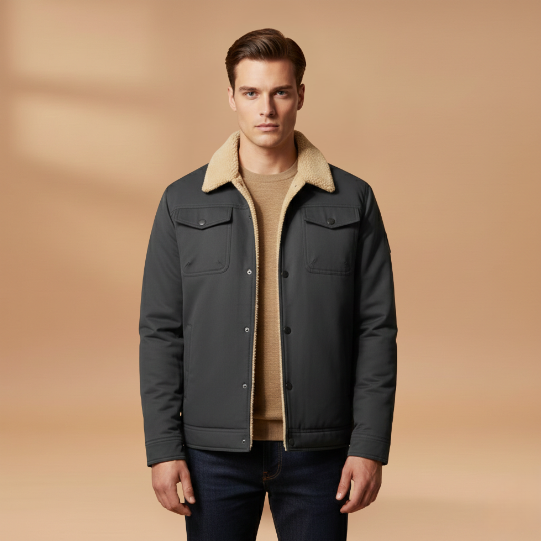 Transitional men's outerwear bomber jacket, offering a classic look with a ribbed collar and convenient pockets.
