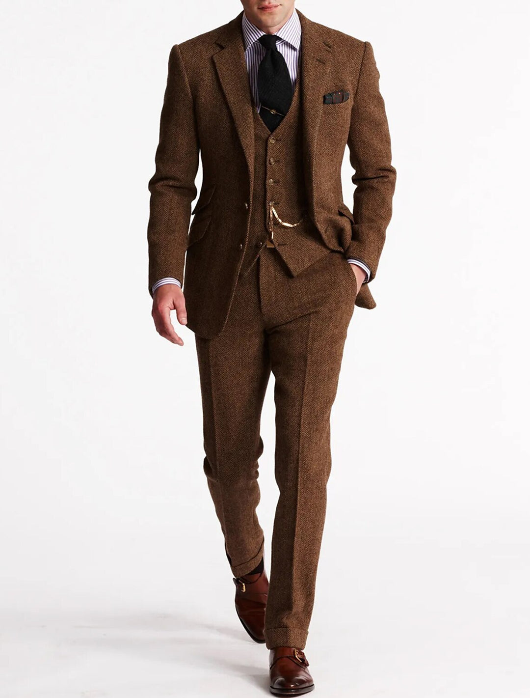 Men's classic brown herringbone three-piece suit, perfect for formal events & business attire.