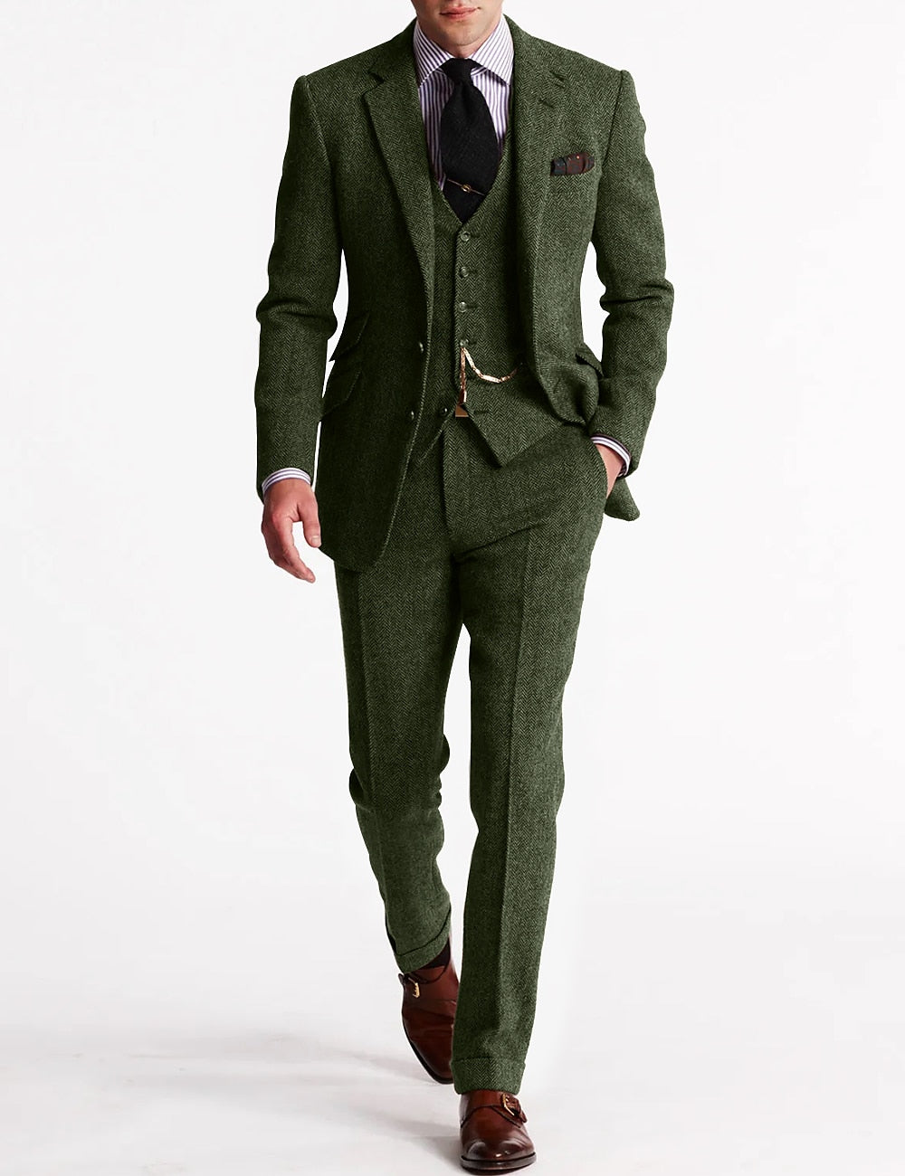 Elegant men's brown herringbone wedding suit; a timeless 3-piece formal attire for grooms & guests.