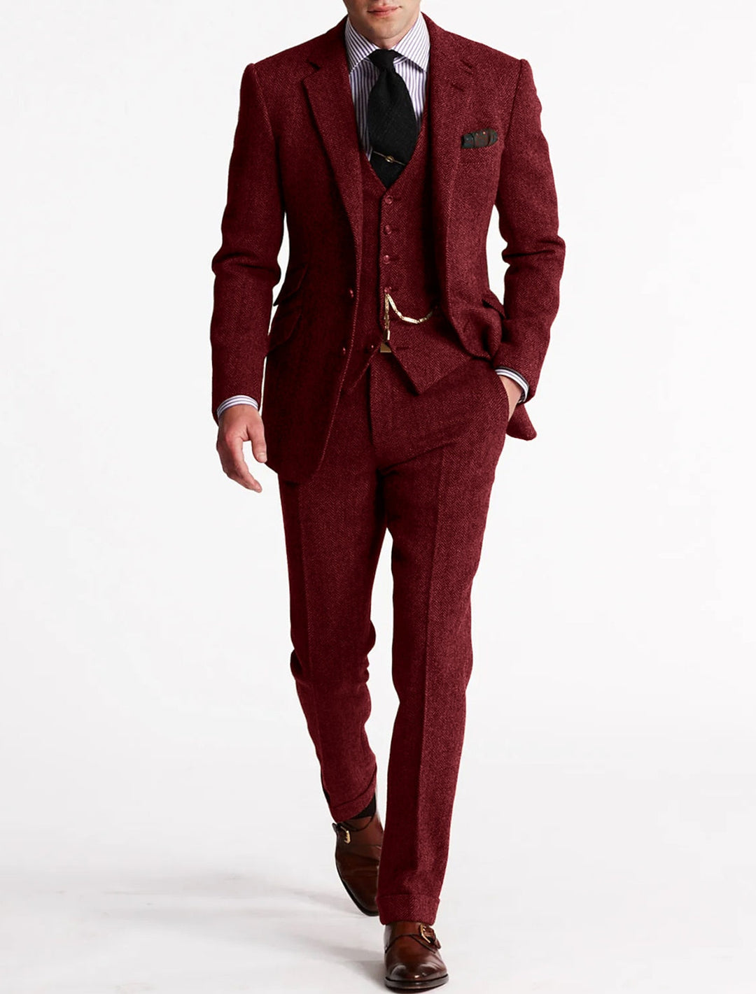Detailed view of classic men's brown herringbone fabric texture on a sophisticated three-piece suit.