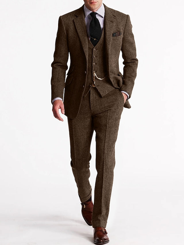Complete men's brown herringbone three-piece suit, expertly tailored for formal occasions & weddings.