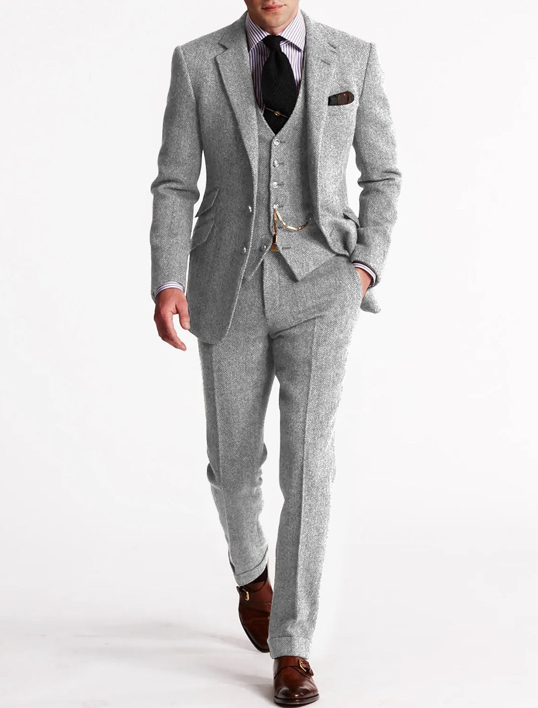 Sophisticated men's brown herringbone suit; a timeless 3-piece ensemble for elegant formal wear.