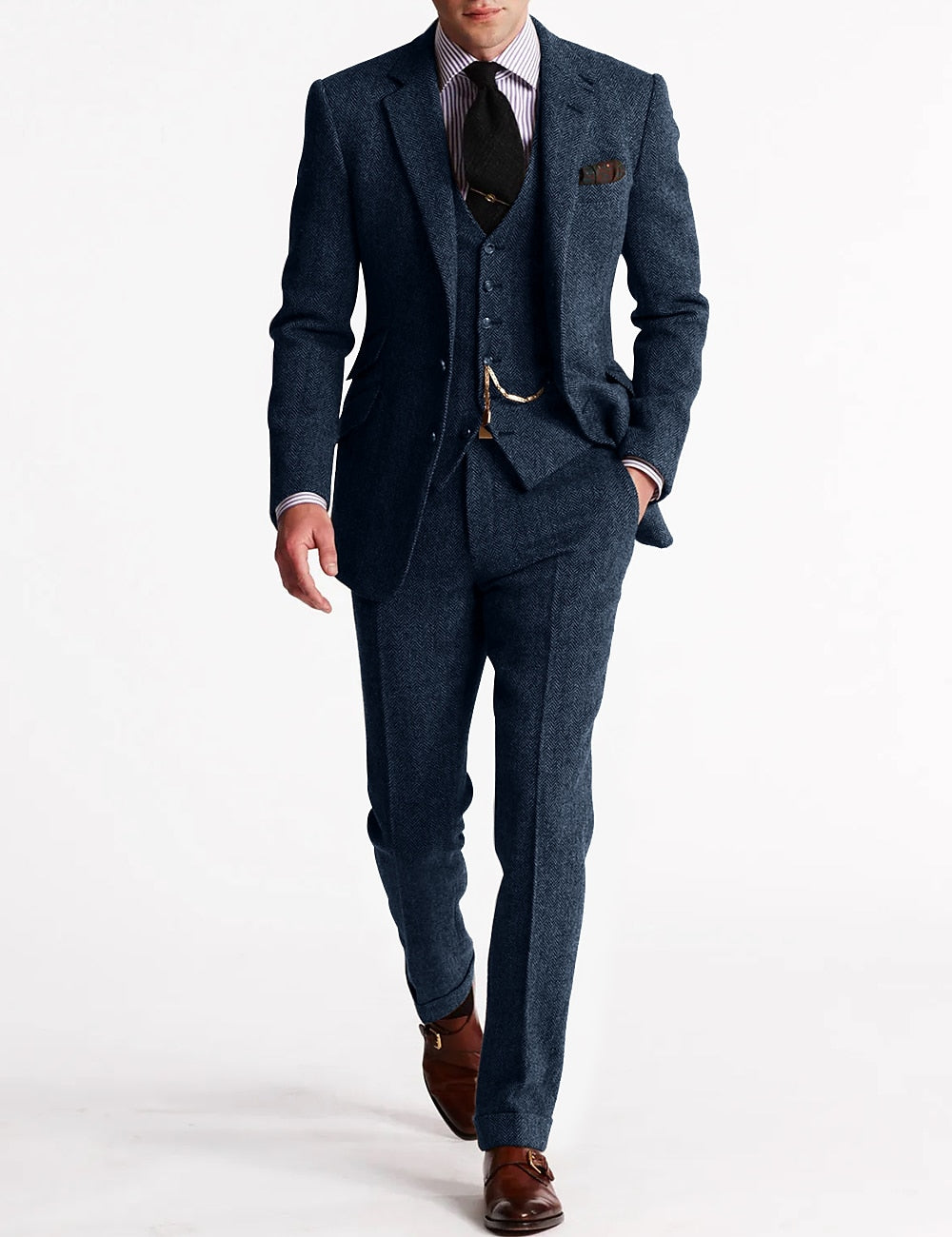 Versatile men's brown herringbone three-piece suit, perfect for weddings, business & formal events.
