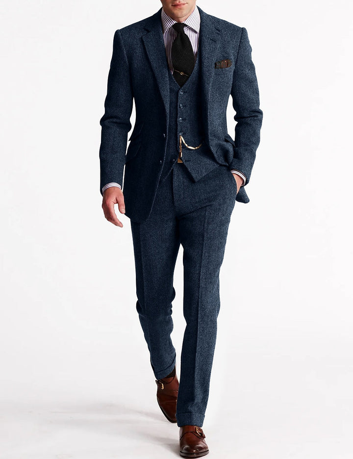 Versatile men's brown herringbone three-piece suit, perfect for weddings, business & formal events.