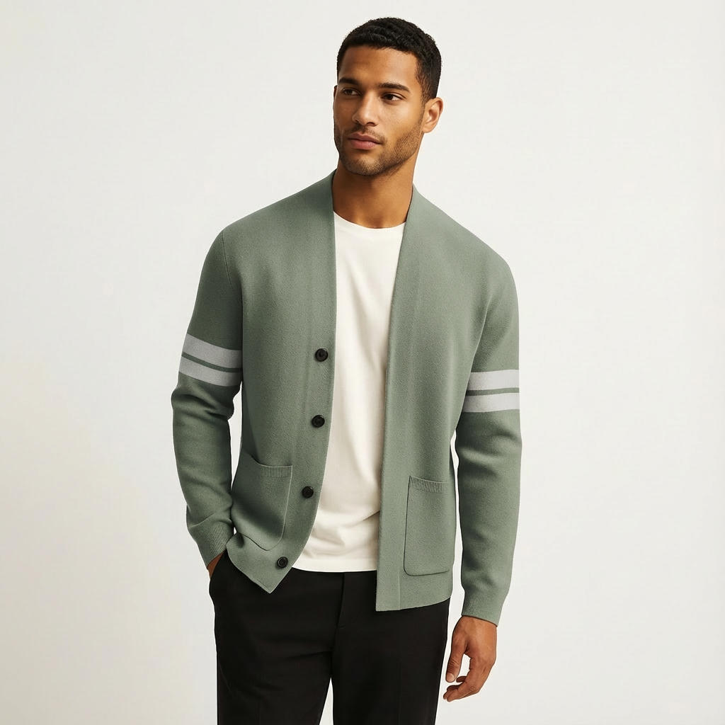 Men's classic button-front cardigan with stylish stripe sleeves, perfect for smart casual layering.