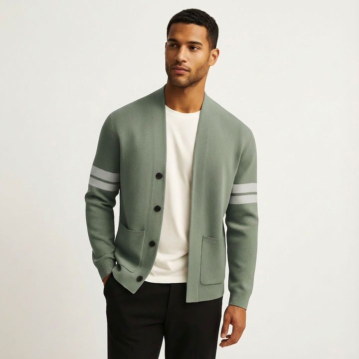Men's classic button-front cardigan with stylish stripe sleeves, perfect for smart casual layering.