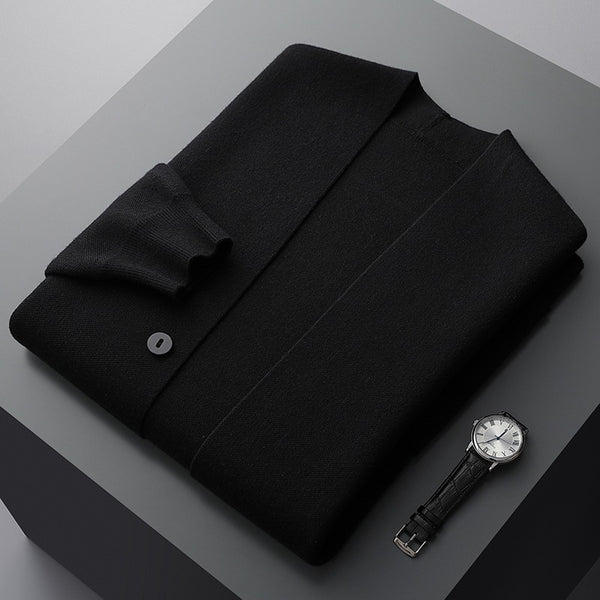 Versatile men's layering cardigan. Classic button front & stylish stripe sleeves for everyday wear.