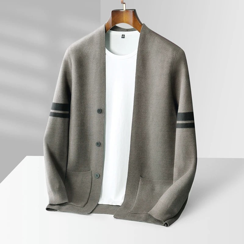 Fitted men's cardigan with a clean button front and distinctive stripe sleeves for a modern look.