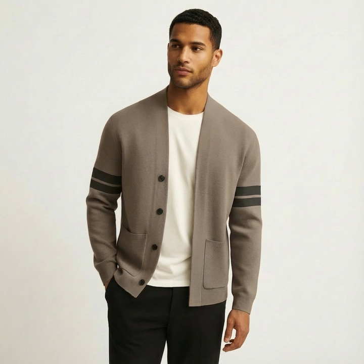 Men's comfortable button-front cardigan with trendy stripe sleeves, ideal for smart casual outfits.