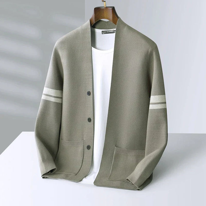 Classic men's cardigan, featuring a practical button front & eye-catching stripe sleeves. Layer up!