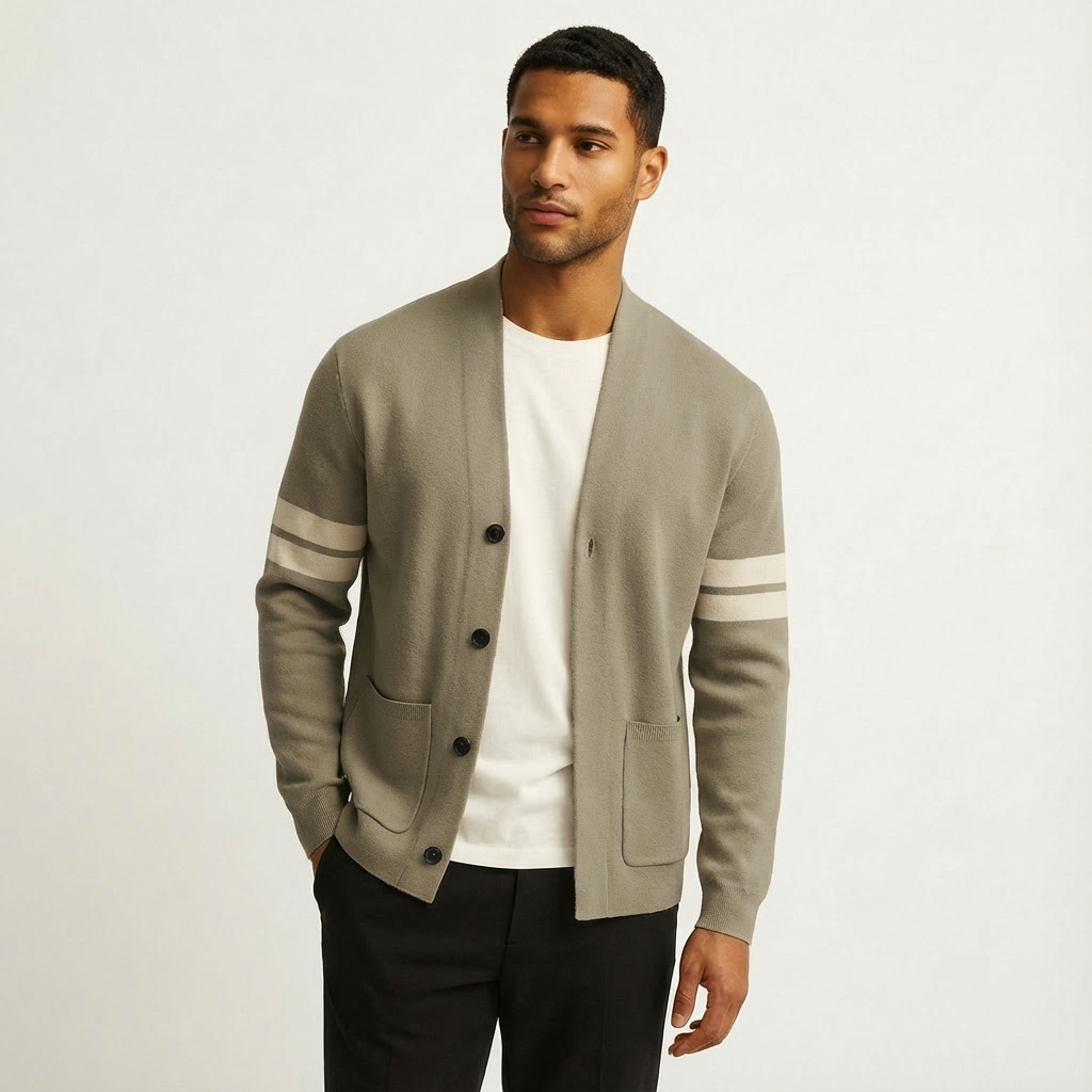 Men's everyday style cardigan, button-front design with fashionable stripe sleeves for versatility.