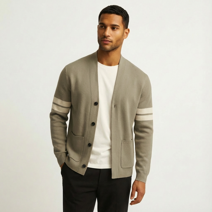 Men's everyday style cardigan, button-front design with fashionable stripe sleeves for versatility.