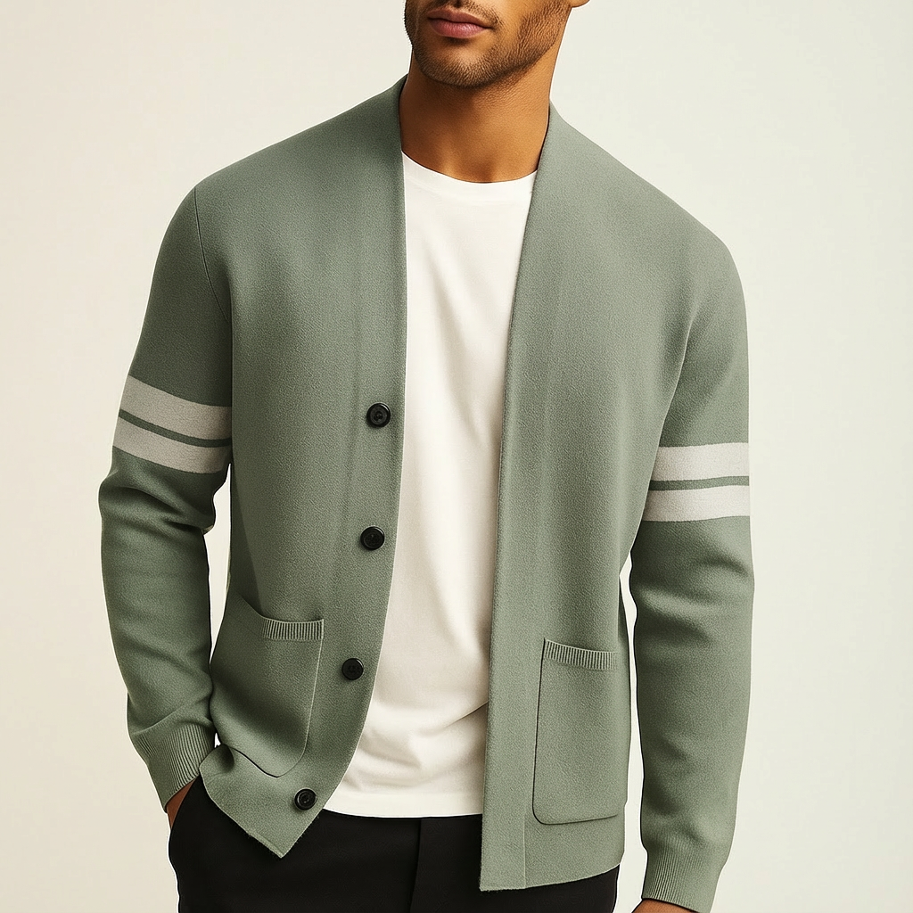 Comfortable men's fitted cardigan. Features a button front & trendy stripe sleeves for everyday wear.