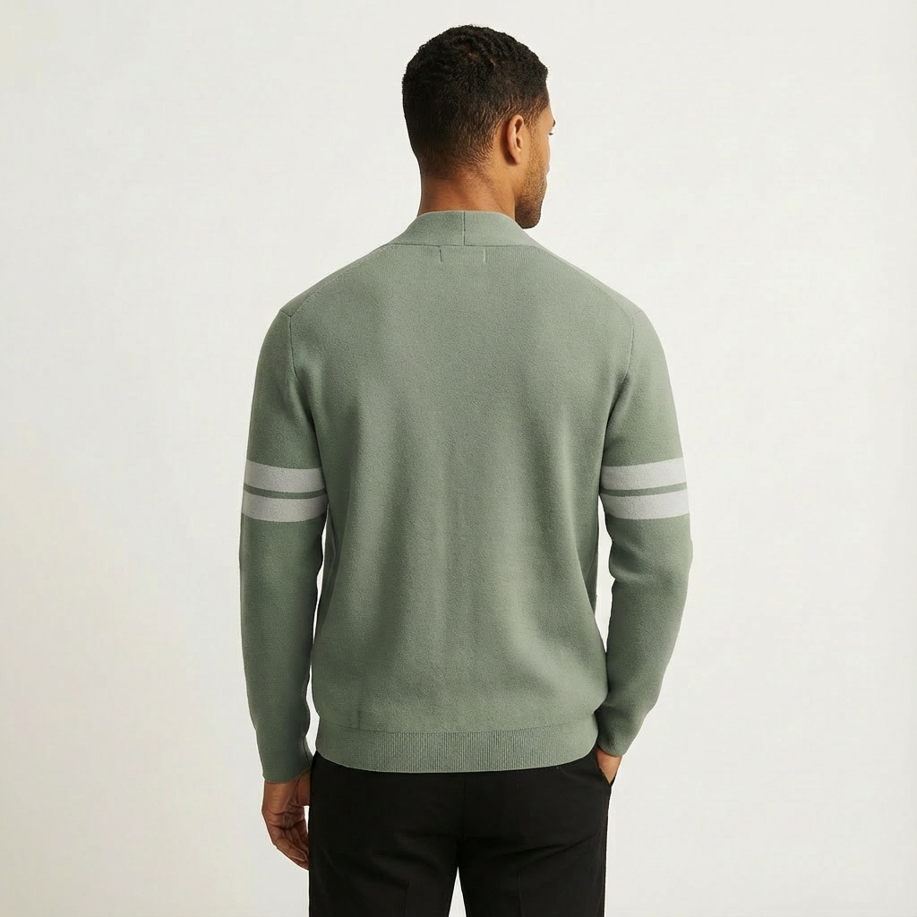 Lightweight men's button-front cardigan with eye-catching stripe sleeves. Ideal for layering.