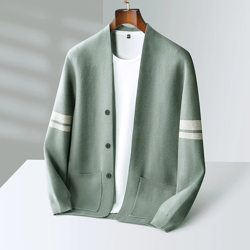 Versatile men's fashion cardigan with button front & distinctive stripe sleeves for casual style.