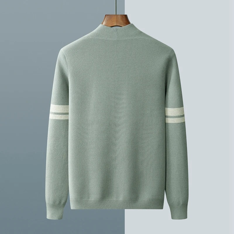 Classic men's button-front cardigan, featuring smart stripe sleeves. Great for layering & comfort.