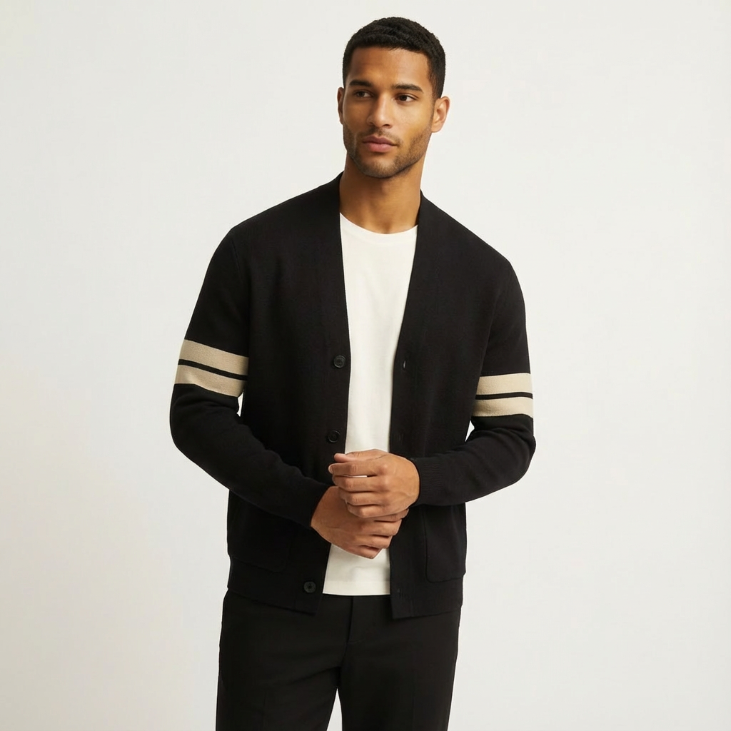 Men's smart casual button-front cardigan. Features unique stripe sleeves, perfect for layering.
