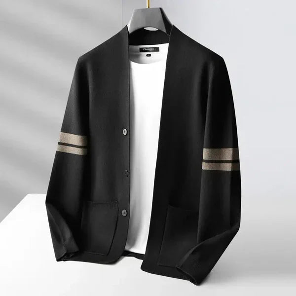 Comfortable men's classic cardigan with button front, styled with fashionable stripe sleeves.