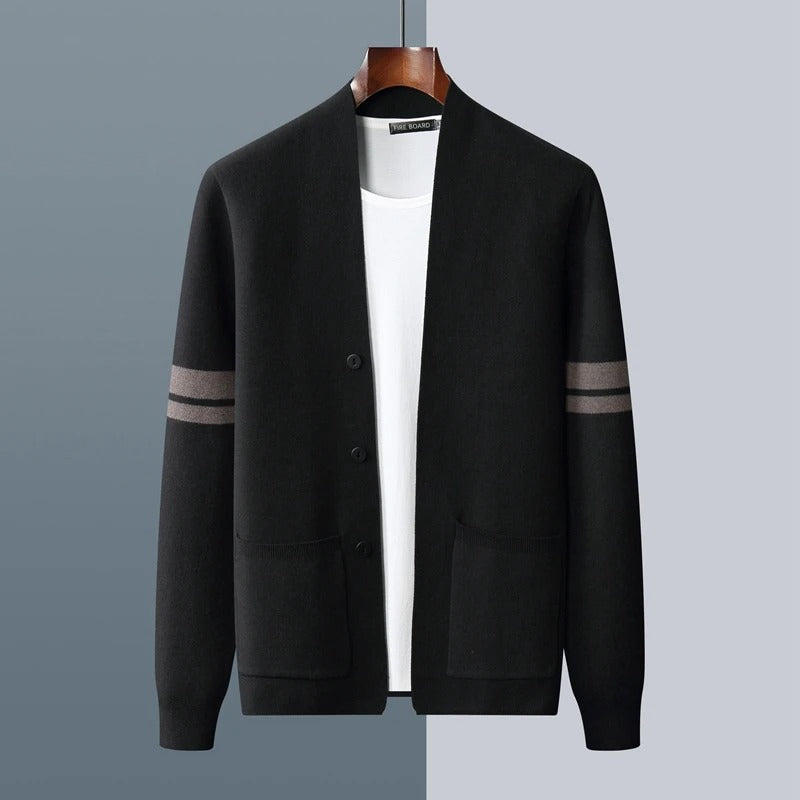 Men's lightweight button-front cardigan, designed with bold stripe sleeves for casual fashion.
