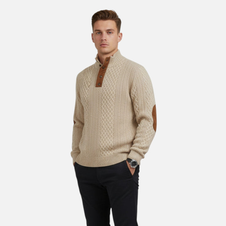 Khaki men's cable-knit pullover with stand collar & button detail, ideal for cold weather style.