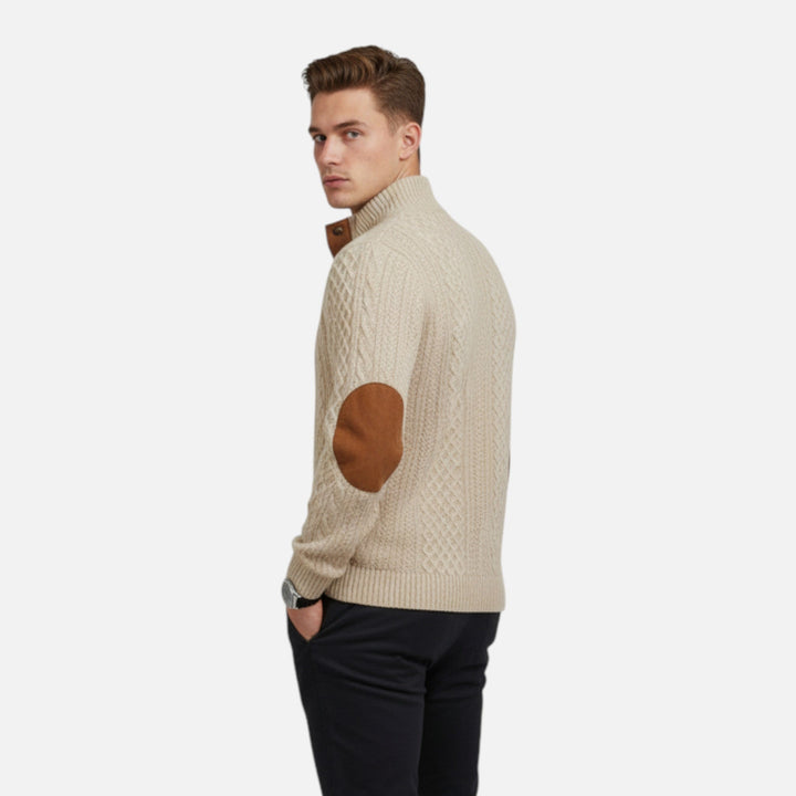 Navy men's classic cable-knit pullover sweater, a comfortable choice for winter fashion & men's style.