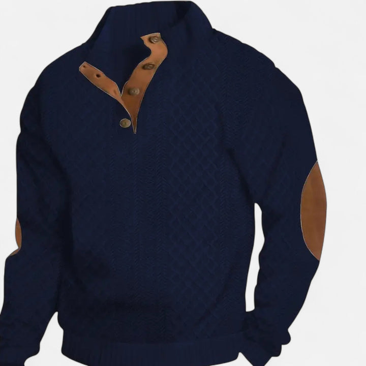 White cable-knit pullover men's sweater with stand collar, versatile for men's style & winter.