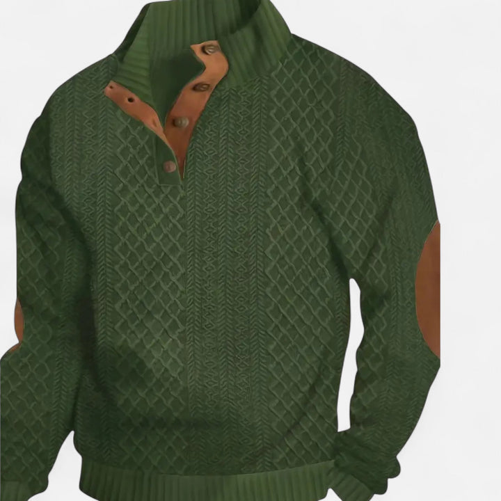 Black men's cable-knit pullover, stand collar, button detail, comfortable for men's winter style.