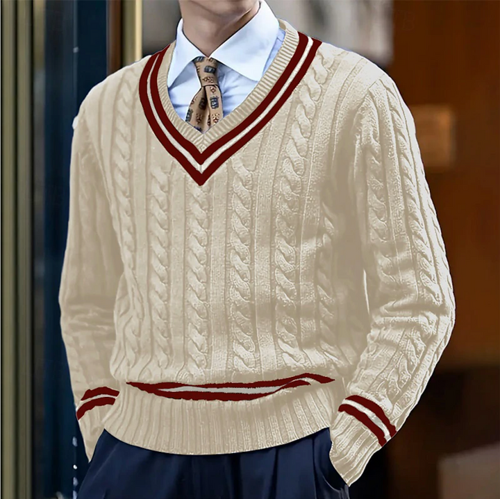 Men's classic cable knit V-neck sweater in a versatile knitwear design, perfect for fall and winter warmth.