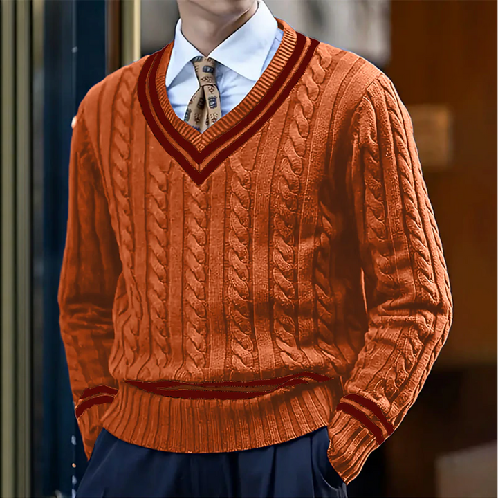 Warm men's V-neck cable knit sweater for winter, featuring a comfortable long-sleeve design and classic style.