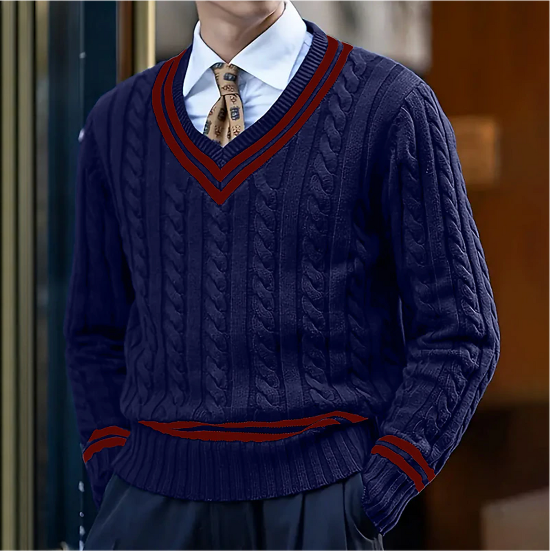 Versatile men's knitwear: a classic cable knit V-neck sweater, great for casual outfits and cooler seasons.