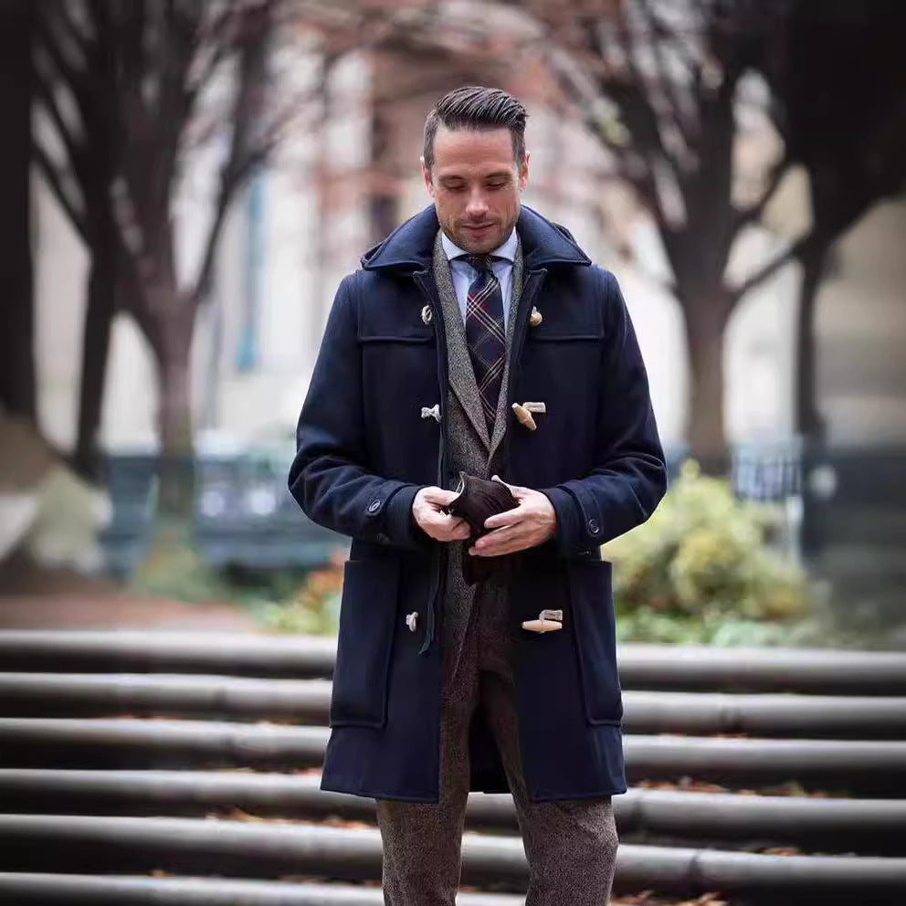 Men's classic duffle coat with traditional cut, wooden toggle buttons, and hood. Warm winter outerwear for men's fashion.