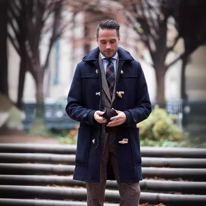 Men's classic duffle coat with traditional cut, wooden toggle buttons, and hood. Warm winter outerwear for men's fashion.