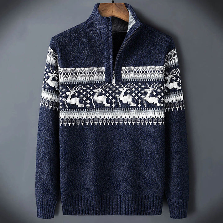 Men's classic Fair Isle half-zip sweater. Cozy long sleeve winter pullover with festive patterned knit, men's fashion.